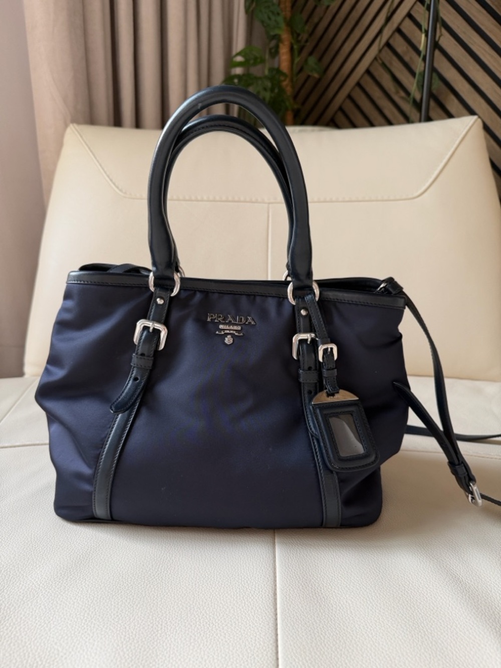 Prada  navy blue Nylon Shoulder Bag with Leather Trim